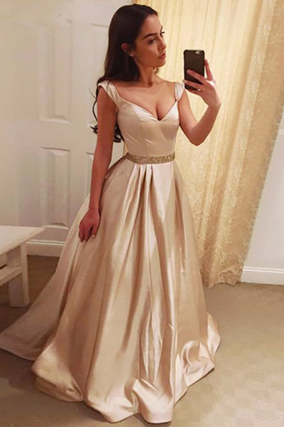 A-Line Square Sweep Train Pearl Pink Satin Backless Prom Dress with Beading LR489 | ballgownbridal