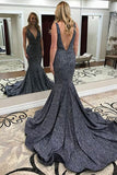Mermaid Deep V-Neck Court Train Dark Grey Satin Backless Sleeveless Prom Dress LR117