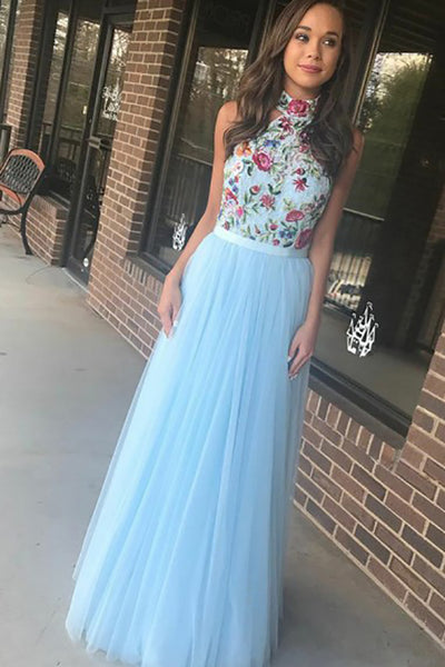A-Line High Neck Floor-Length Blue Tulle Prom Dress with Embroidery Lace LRA232