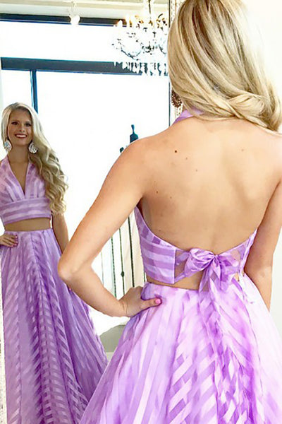 Two Piece Deep V-Neck Sweep Train Purple Striped Tulle Sleeveless Prom Dress LR173