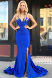 Mermaid V-Neck Criss-Cross Back Sweep Train Royal Blue Prom Dress with Split PDA361 | ballgownbridal