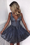 Stylish A Line Deep V Neck Dark Gray Short Homecoming Dresses Beading PDA103 | ballgownbridal