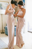 Sheath One-Shoulder Floor-Length Ruched Pink Satin Bridesmaid Dress AHC638