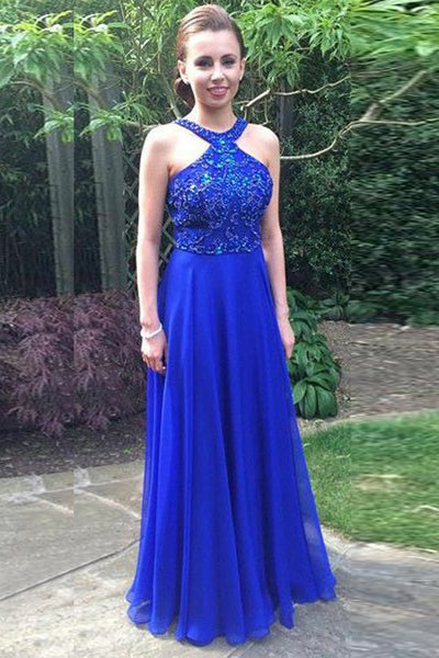A-Line Round Neck Backless Royal Blue Chiffon Prom Dress with Beading PDA477