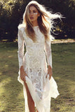 White Sheath Brush Train Long Sleeve Backless Lace Wedding Dress AHC559