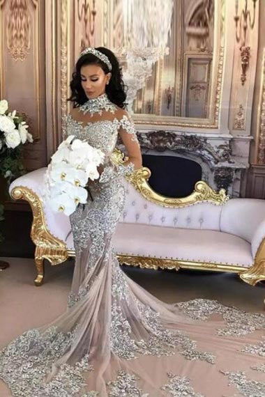 Mermaid High Neck Long Sleeves Chapel Train Silver Tulle Wedding Dress with  Appliques AHC598 | ballgownbridal