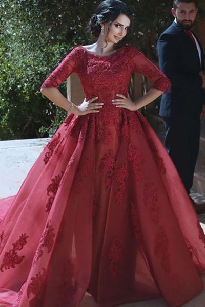 Ball Gown Boat Neck Long Sleeves Court Train Dark Red Tulle Appliques Prom Dress AHC519