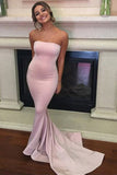 Mermaid Strapless Sweep Train Pink Satin Sleeveless Prom Dress AHC498 | ballgownbridall