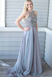 A-Line Jewel Sweep Train Lavender Chiffon Sleeveless Prom Dress with Beading LR154