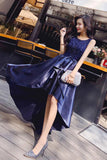 A-Line Crew High Low Navy Blue Satin Prom Dress with Appliques PDA380 | ballgownbridal