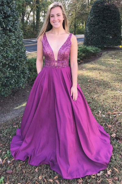 A-Line V-Neck Sweep Train Fuchsia Prom Dress with Beading Pockets PDA375 | ballgownbridal