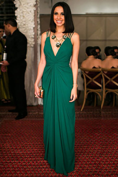 A-Line Deep V-Neck Floor-Length Green Chiffon Open Back Prom Dress LR445