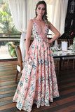 A-Line Deep V-Neck Floor-Length Pink Printed Lace Sleeveless Prom Dress LR281