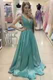 A-Line Deep V-Neck Sweep Train Green Satin Prom Dress with Beading AHC674