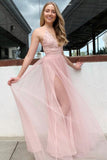 A-Line Spaghetti Straps Floor-Length Pink Prom Dress with Lace PDA366 | ballgownbridal
