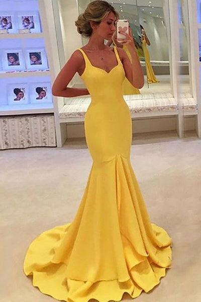 Mermaid Square Sweep Train Yellow Satin Prom Dress with Ruffles LR466