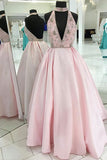 A-Line High Neck Sweep Train Keyhole Backless Pink Satin Prom Dress with Beading LR347