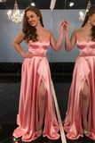A-Line Spaghetti Straps Sweep Train Pink Prom Dress with Split PDA268 | ballgownbridal