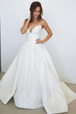 A-Line Spaghetti Straps Court Train Ivory Satin Wedding Dress with Lace AHC587
