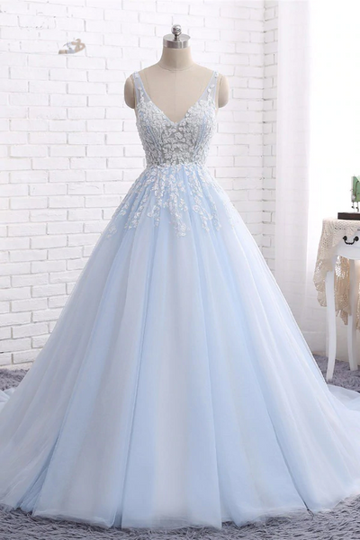 Ball Gown Chapel Train V Neck Sleeveless Backless Appliques Prom Dress,Party Dress  SHE001