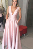 A-Line Deep V-Neck Floor-Length Pink Satin Sleeveless Backless Prom Dress LR487