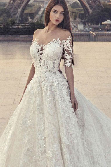 A-Line Jewel Chapel Train Half Sleeves White Lace Wedding Dress with Appliques  AHC557