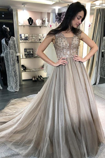 A-Line V-Neck Sweep Train Light Grey Prom Dress with Beading LR34