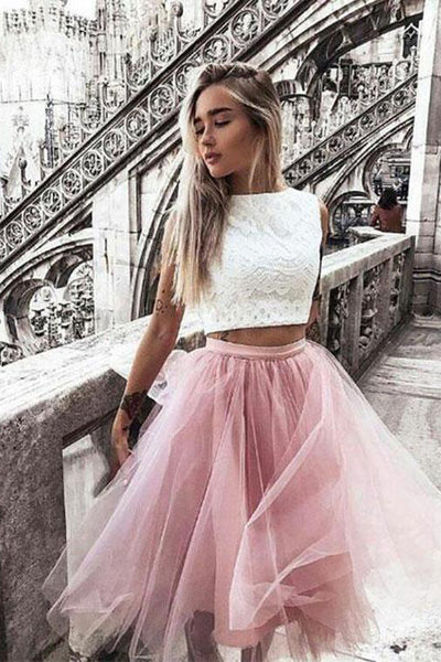 Two-Piece Bateau Knee Length Pink Homecoming Dresses With Lace PDA058 | ballgownbridal