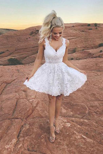 White Short Homecoming Dresses V Neck Appliques Cocktail Dresses PDA148 | ballgownbridal