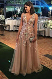 A-Line Deep V-Neck Champagne Tulle Prom Dress with Appliques LRA483