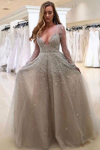 A-Line Deep V-Neck Long Sleeves Grey Tulle Prom Dress with Beading AHC533 | ballgownbridal