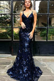 Mermaid Navy Blue Tulle Long Prom Dresses Evening Dresses with Backless PDA232 | ballgownbridal