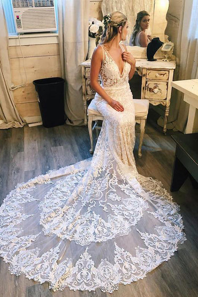 Charming Mermaid V Neck White Wedding Dresses with Sweep Train ODA009 | ballgownbridal