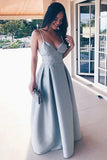 A-Line Spaghetti Straps Floor-Length Grey Satin Backless Prom Dress LR394