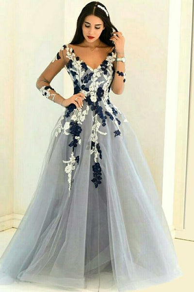 A-Line V-Neck Long Sleeves Grey Tulle Prom Dress with Appliques PDA463 | ballgownbridal
