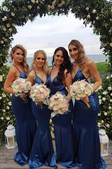 Mermaid V-Neck Backless Floor-Length Royal Blue Bridesmaid Dress with Ruched AHC601
