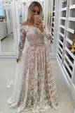 A-Line Off-the-Shoulder Sweep Train Long Sleeves Blush Lace Prom Dress with Belt LR421 | ballgownbridal