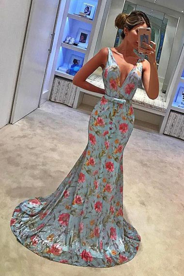Mermaid Deep V-Neck Sweep Train Blue Chiffon Prom Dress with Flowers Print AHC678 | ballgownbridal
