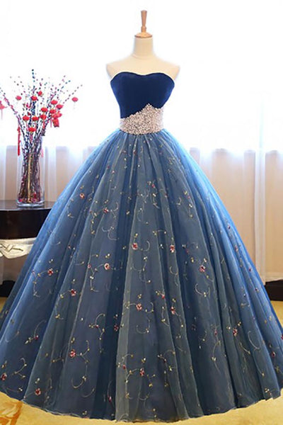 Ball Gown Sweetheart Court Train Navy Blue Lace Prom Dress with Beading AHC515 | ballgownbridal