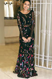 Mermaid Crew Sweep Train Long Sleeves Black Lace Backless Prom Dress LR471