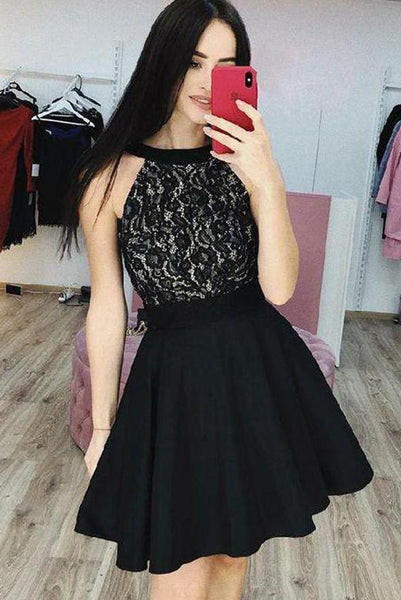 Stylish A Line Jewel Black Short Homecoming Dresses with Appliques PDA094