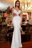 Mermaid Spaghetti Straps Floor-Length Cut Out White Beaded Prom Dress with Appliques LR408 | ballgownbridal
