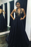 A-Line Halter Sweep Train Black Satin Backless Prom Dress with Appliques LR455
