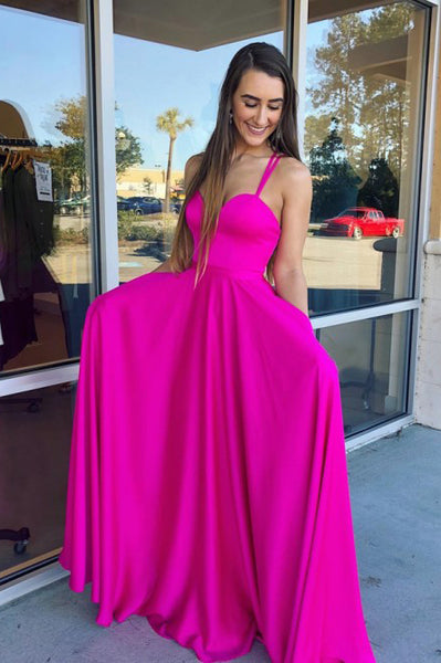 A-Line Spaghetti Straps Floor-Length Fuchsia Prom Dress with Pockets PDA370 | ballgownbridal