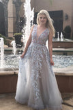 A-Line V-Neck Backless Sweep Train Light Blue Prom Dress with Appliques Beading PDA373 | ballgownbridal