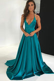 A-Line Deep V-Neck Sweep Train Turquoise Satin Backless Sleeveless Prom Dress LR113