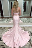Two Piece Mermaid Jewel Open Back Sweep Train Pink Prom Dress with Beading PDA320 | ballgownbridal