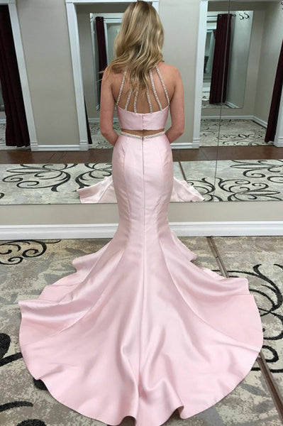 Two Piece Mermaid Jewel Open Back Sweep Train Pink Prom Dress with Beading PDA320 | ballgownbridal