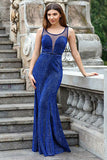 Mermaid Scoop Floor-Length Royal Blue Sequined Sleeveless Prom Dress with Pleats LR381