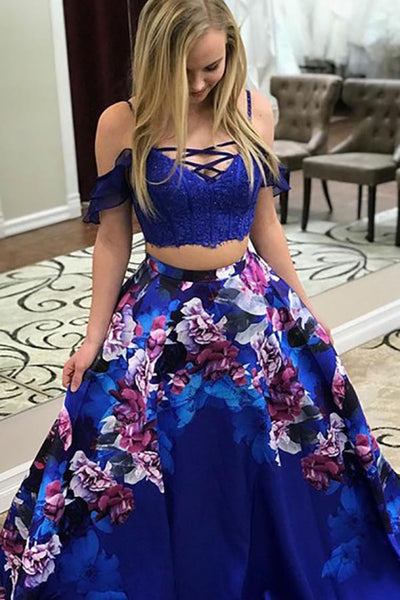Two Piece Spaghetti Straps Sweep Train Royal Blue Printed Satin Prom Dress with Lace LR119